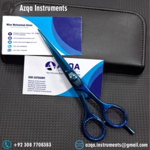 blue coated stainless steel hair cutting scissors with ergonomic handle for professional salon and home haircutting