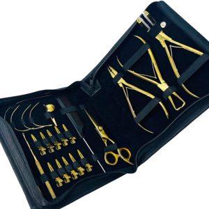 Professional Gold-Finished Hair Extension Tool Kit with Pliers, Loop Tools, Crochet Hooks & Scissors in Zipper Case