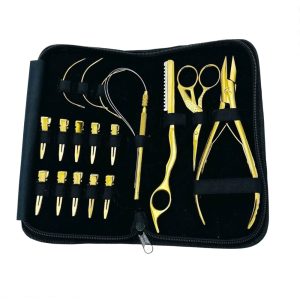 Professional Gold Hair Extension Tool Kit – Complete Micro Link & Keratin Bond Application and Removal Set with Zipper Case