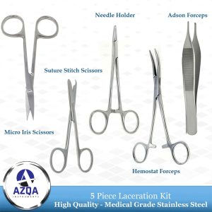 5Piece Laceration Kit Surgical Suture Instruments Set with Needle Holder Scissors Hemostat Adson Forceps Stainless Steel